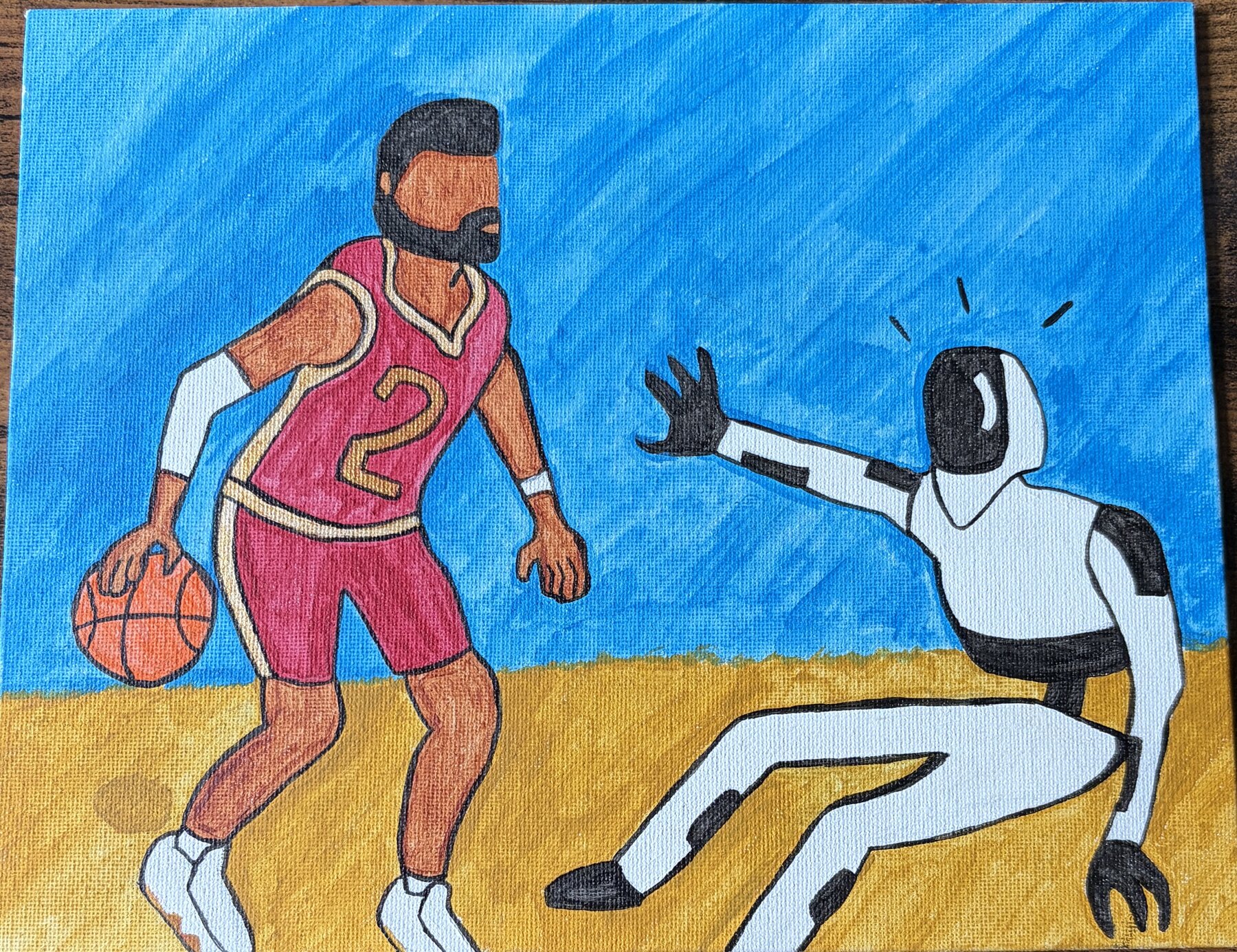 A basketball player crossing over a robot defender, acrylic on canvas