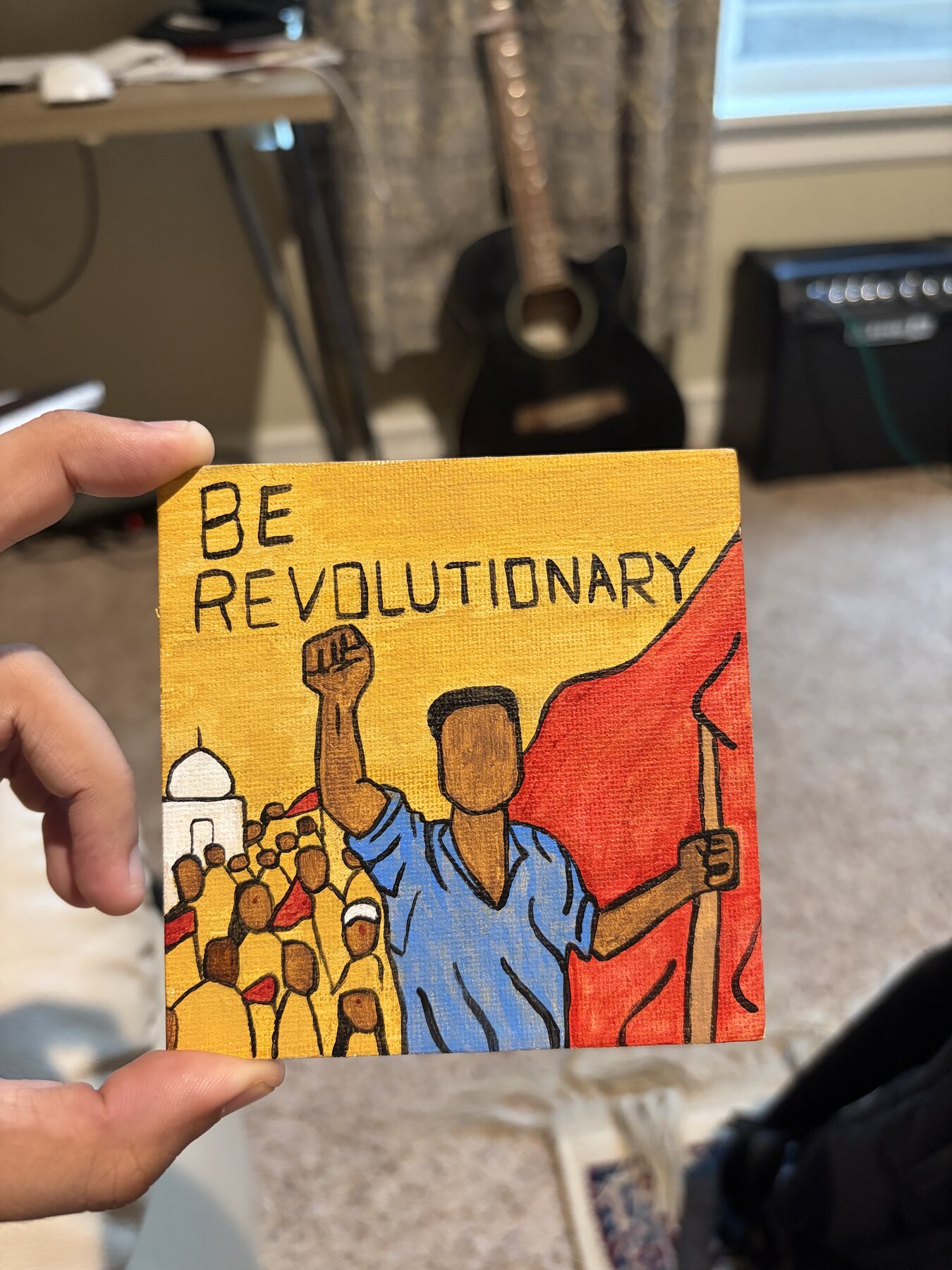"Be Revolutionary" — a raised fist leading a crowd, acrylic on canvas panel