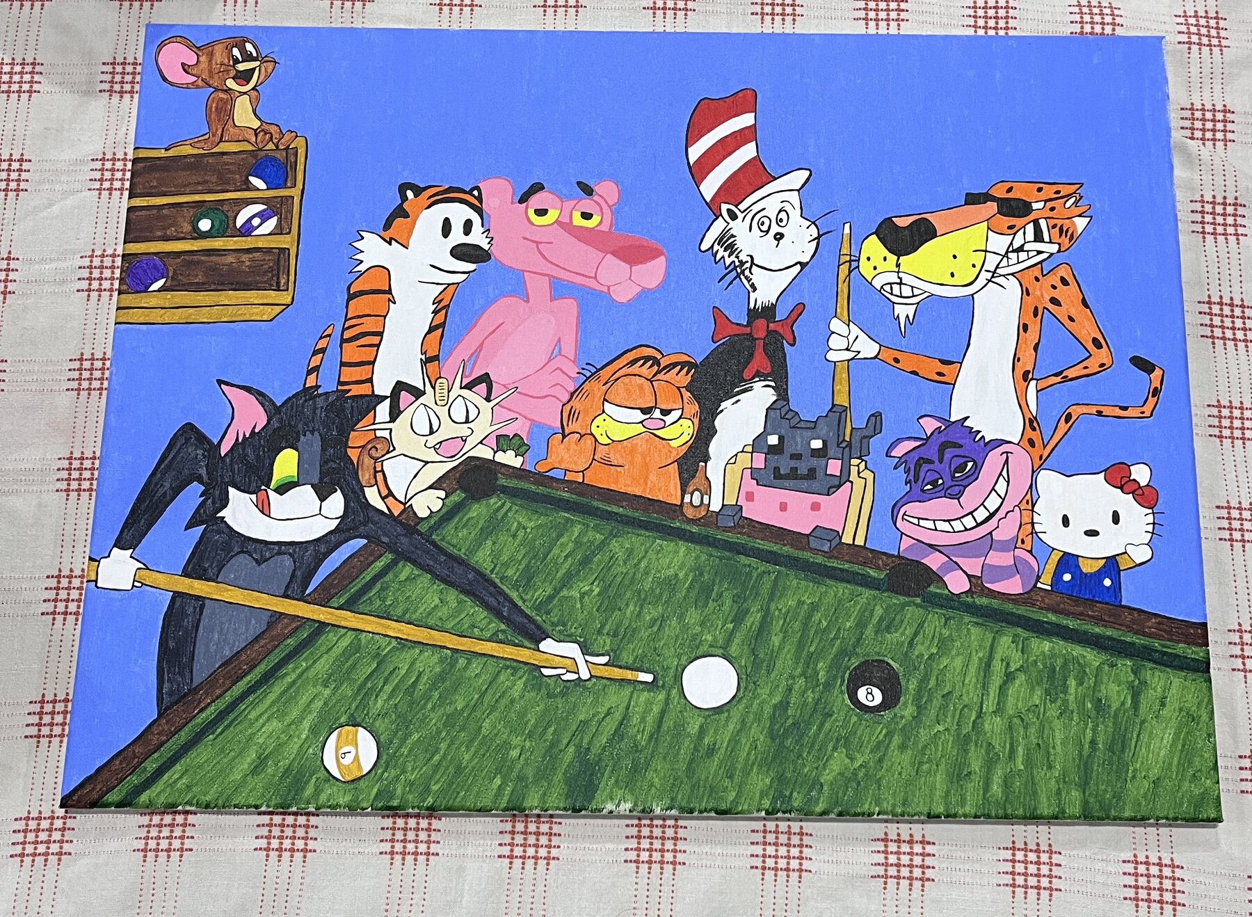 Garfield, the Cat in the Hat, and other cartoon mascots shooting pool, acrylic on canvas