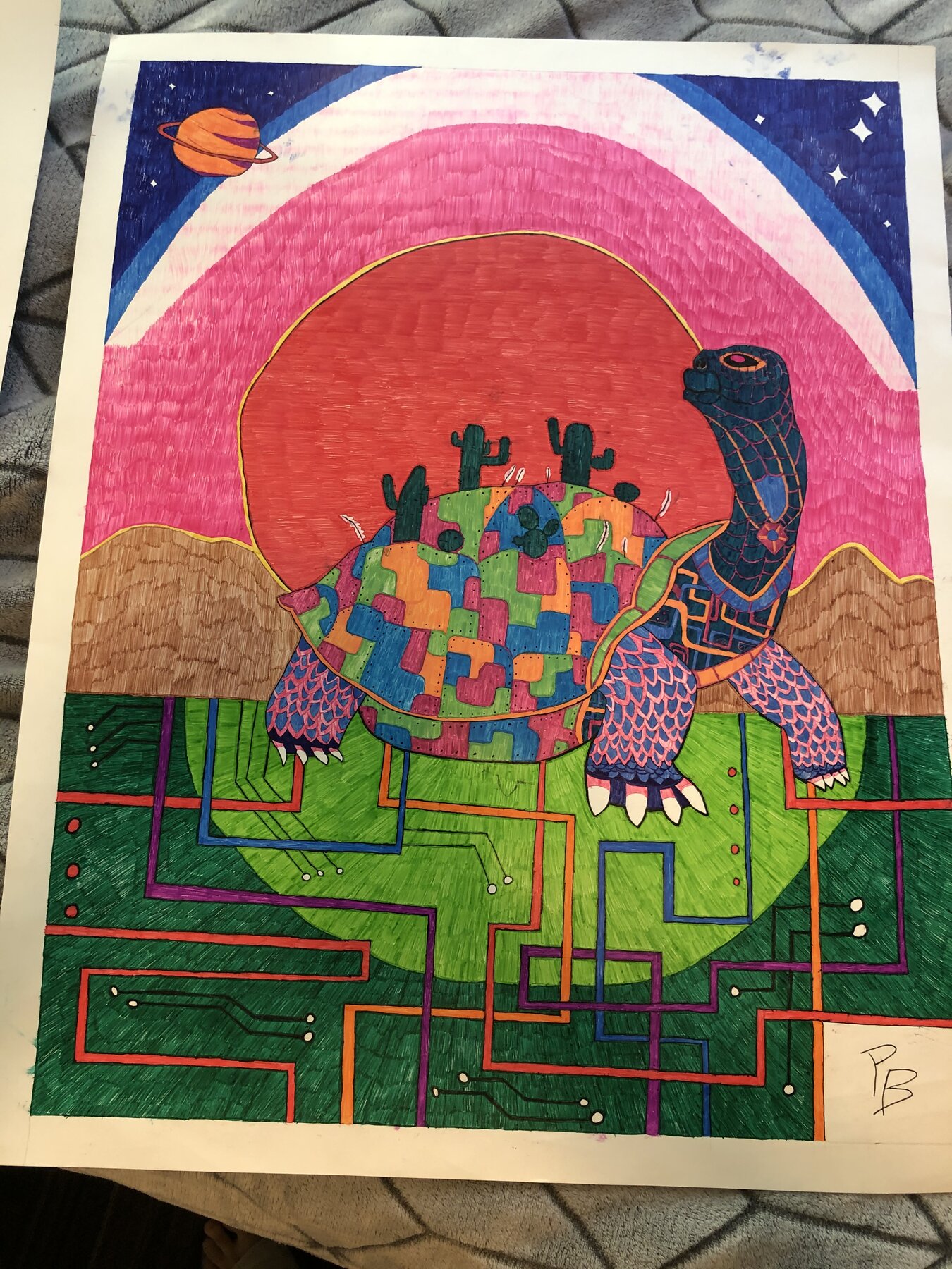 A patchwork cybernetic turtle against a cosmic desert sunset, marker drawing