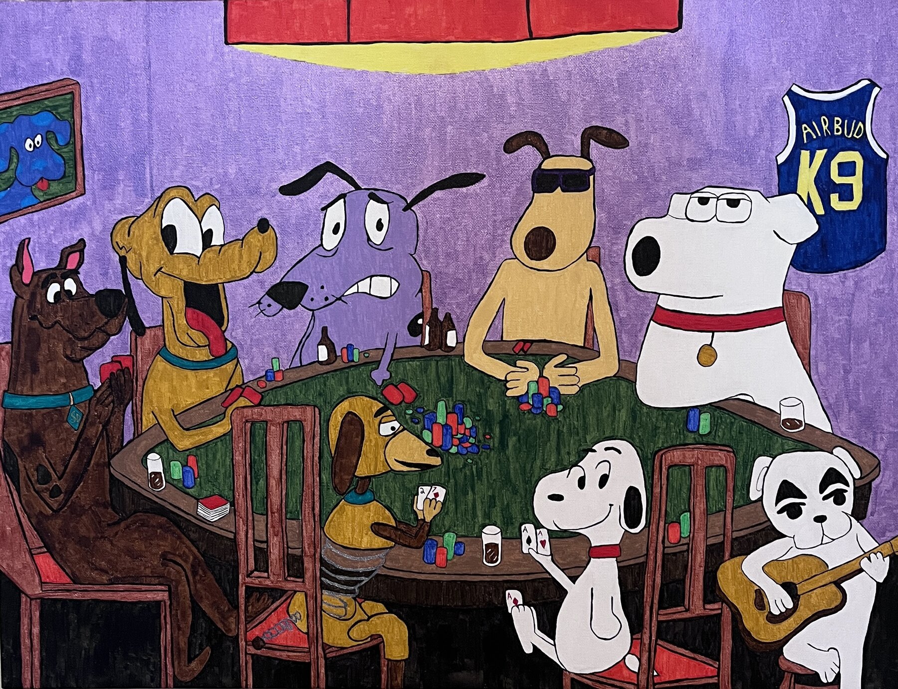 Cartoon dogs playing poker around a green felt table, acrylic on canvas