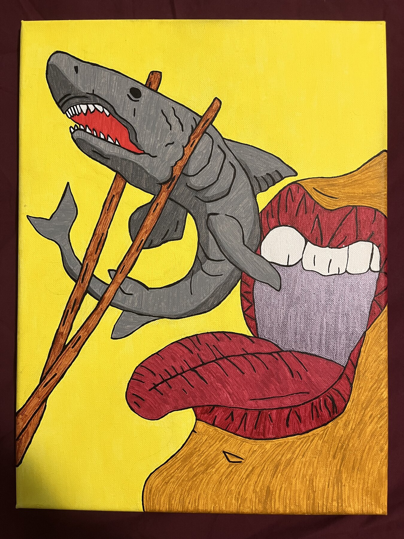 A surreal hammerhead shark paired with an open, toothy mouth, acrylic on canvas